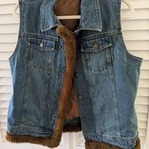 St. John's Bay Denim Faux-Fur Trim Vest - Blue with Brown Fur